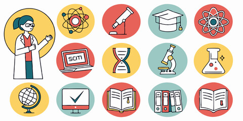 Science Education Vector Icons Set Flat Design - Scientist Atom Telescope Microscope DNA Graduation Cap Books Globe Computer Flask Binders for Learning and Research