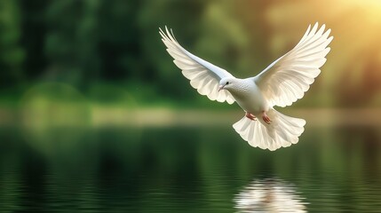 Obraz premium White dove soaring above calm reflective lake nature wildlife serene environment aerial view peaceful concept