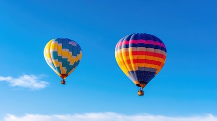 Obraz premium Two hot air balloons float against a clear blue sky. The larger balloon displays vibrant horizontal stripes of orange, yellow, pink, and blue. A smaller balloon features a geometric pattern in teal,
