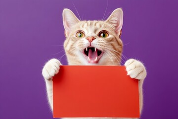 Isolated cat on a solid apparel purple background. Cat on urban sign. Cat sign background. Ð¡ute adult cat turkish van hold in front paws a wireframe - large red avenue sign. Cat signage idea.