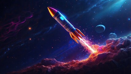 Fototapeta premium Digital illustration of a rocket made of glowing orange geometric lines and points