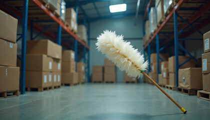 Dusting tool in action in a clean warehouse environment  