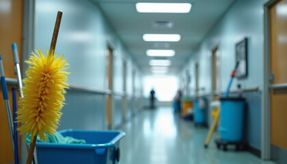 Cleaning Tools in Hospital Corridor During Dusting Event, Dust shaking, Cleaning Event    