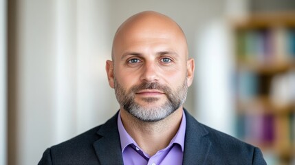 A high-resolution headshot shows a bald, middle-aged man. He has a serious expression and a short, gray beard. The man wears a dark gray suit jacket over a lavender shirt. The background is blurred,