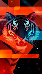 Striking abstract conceptual illustration of a tiger with vivid red, orange, and blue overlays on a dark background
