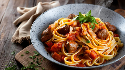 pasta dish fettuccine salted beef chunks tomato