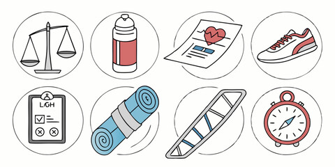 Cartoon Health & Fitness Icons: Workout, Wellness, Scale, Bottle, Heart Rate, Shoe, Yoga Mat, Stopwatch, Ladder, Checklist Line Art