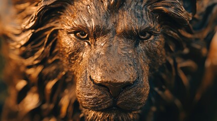 Fierce lion sculpture, its textured fur and deep-set eyes creating an intense presence.