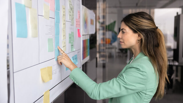Focused young Latin business leader woman working on project management at Kanban board, reading sticky notes, analyzing schedule, tasking, preparing scrum presentation for teamwork. Banner shot - Powered by Adobe