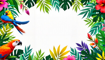 Naklejka premium Vibrant tropical birds surrounded by lush green leaves 