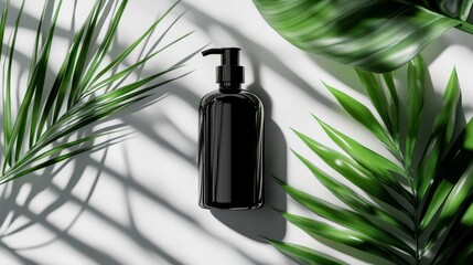 Black Bottle Mockup with Natural Shadows and Green Leaves
