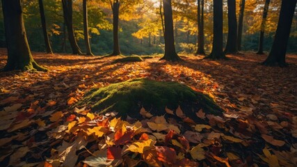 A serene forest scene with vibrant autumn leaves and soft sunlight filtering through trees.