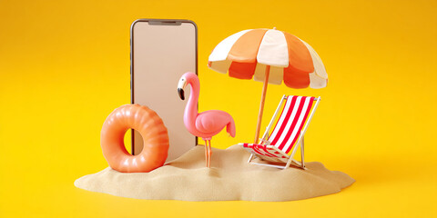 Smartphone mockup on yellow background,  beach scene with flamingo, beach chair, umbrella and inflatable ring, symbolizing summer vacation and travel planning © PhotoArtHub