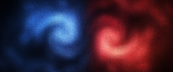 Vibrant red and blue abstract swirl background with atmospheric grainy gradient texture and circular depth pattern