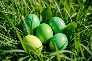 A collection of painted Easter eggs under bright green tree leaves, celebrating a joyful Easter in the warmth of spring