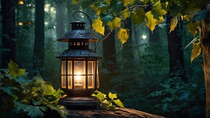 A glowing lantern surrounded by lush greenery in a misty forest.