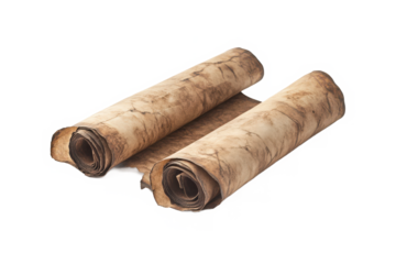 Vintage parchment scroll with weathered edges and aged paper texture, isolated on white background