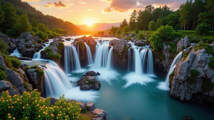 Cascade d'Ars in France at dawn, mild, sunny summer conditions, photographed from a panoramic viewpoint.