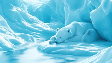 Naklejka premium Polar bear resting on a smooth glacier, surrounded by sharp, sculpted ice waves.