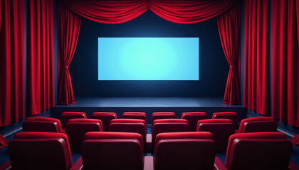 Fototapeta premium Red Theater Interior with Blank Screen and Stage Curtains 