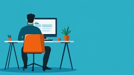 Man working at desk with computer and laptop in minimal flat style illustration on blue background