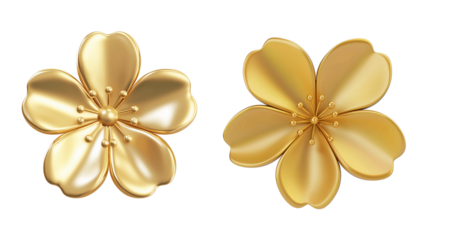3D golden cherry blossom flowers front view isolated on transparent or white background, luxury floral icon design for branding, wedding, or decorative use