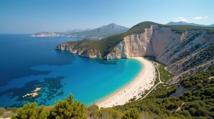 Fototapeta premium Aerial view of Gaidouronisi in Greece during midday with hot, sunny summer conditions, showcasing the island's rugged beauty.