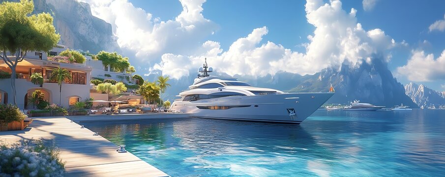 A luxury yacht docked at an exclusive marina