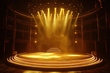 Golden stage with dramatic lighting effects creating excitement and anticipation for performances