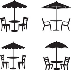 patio table with umbrella cafe chair table umbrela set set of silhouette. patio table with umbrella cafe chair table umbrela set icon set vector on white background © Hena