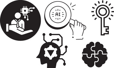 Artificial intelligence icon, AI brain vector, Human and AI integration, Digital transformation, Machine learning concept, AI key symbol, Futuristic intelligence, Neural network icon, AI thinking brai
