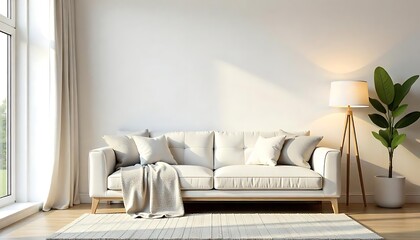 Bright and cozy modern living room interior have sofa and lamp with white wall background created with generative ai