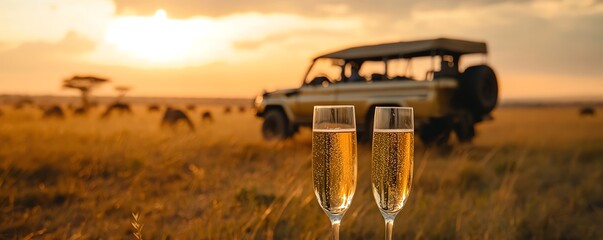 A luxury safari experience with a glass of champagne