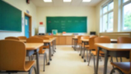 Blurry view of elementary class room no kid or teacher with chairs and tables in campus. Back to school concept created with generative ai