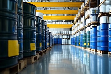 Neatly arranged chemical storage tanks in a warehouse setting. 