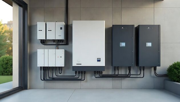 battery packs alternative electric energy storage system at home garage wall as backup or sustainable energy concepts, Rows of high capacity lead batteries, created with generative ai