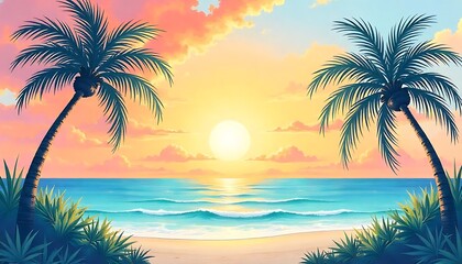 Obraz premium Artistic summertime background with palm trees, sun and sky. Artistic brush strokes textured wallpaper design, created with generative ai