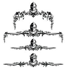fairy tale medieval royal knight helmet, sword and rose flowers black and white vector calligraphic page divider silhouette design set