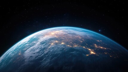 Obraz premium A high-resolution image depicts Earth from space, showcasing city lights and cloud formations. The composition focuses on the planets curve against a dark, starry backdrop. The image is digitally ren