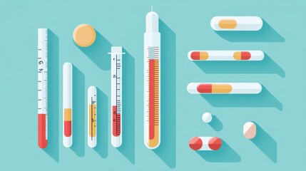 Colorful Laboratory Tools with Medication on Blue Background