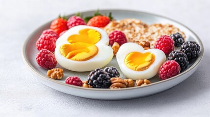 Two heart-shaped soft-boiled eggs are the focus, surrounded by berries, nuts, and crispbread on a light-grey plate. The composition is visually appealing, showcasing a healthy breakfast. High-quali