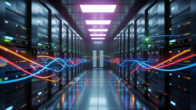 Inside a Modern Data Center with Rows of Server Racks and Flowing Light Trails Representing Data Transmission