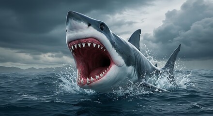 Naklejka premium Great White Shark Breaching Ocean Surface with Open Mouth and Teeth