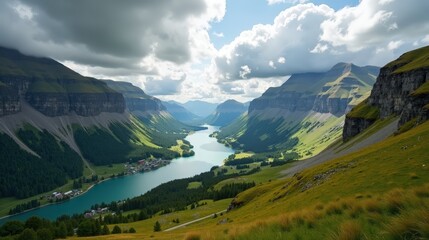 Fototapeta premium Panoramic shot of Mebshdalen Valley in Norway at midday, with cloudy skies and a peaceful vibe.