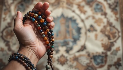 Holding Prayer Beads with Mosque Background for Religious or Spiritual Use