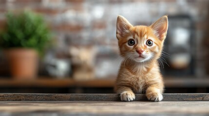 Cute Orange Kitten Looking Curiously at the Camera in a Cozy Indoor Setting With Plants