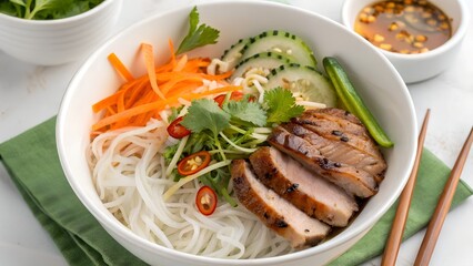 Delicious Vietnamese Noodle Bowl with Grilled Pork, Fresh Vegetables, Rice Vermicelli, Herbs, and Spicy Fish Sauce &ndash; Authentic Asian Cuisine, Healthy and Flavorful Vermicelli Bowl Recipe