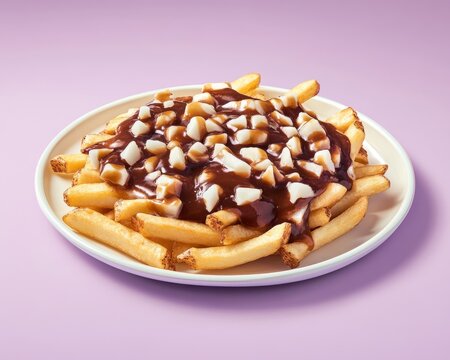 Lavender background with highquality image of Canadian poutine plate