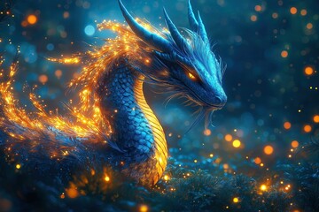 Glowing Eastern Fantasy Dragon with Fiery Feather Mane