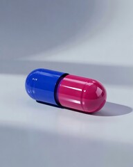 Large colorful red and blue capsule pill on a smooth surface